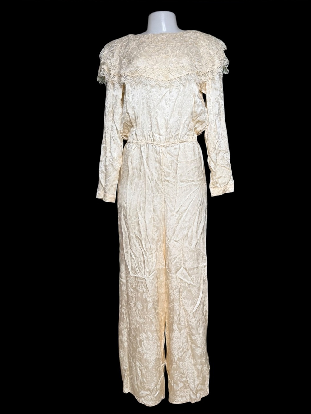 Jessica McClintock VTG 100% Silk Lace Collar Wide Leg Jumpsuit Romper Bridal